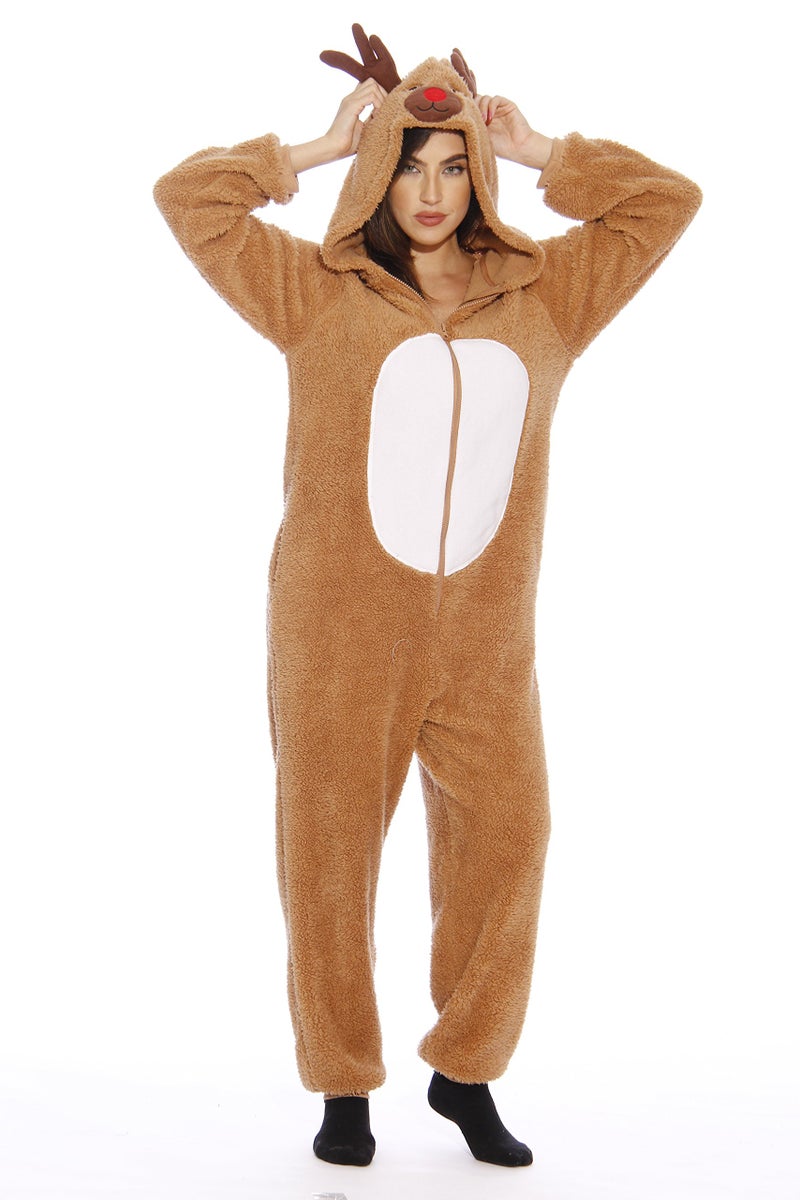 #FollowMe 6411-NEW-S FollowMe Adult Onesie / Pajamas, Small, Reindeer Sherpa - Image 1